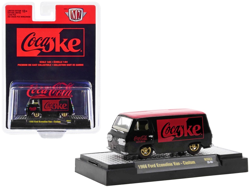 1966 Ford Econoline Custom Van "Coca-Cola" Black With Coke Red Top Limited Edition To 3850 Pieces Worldwide 1/64 Diecast Model Car By M2 Machines