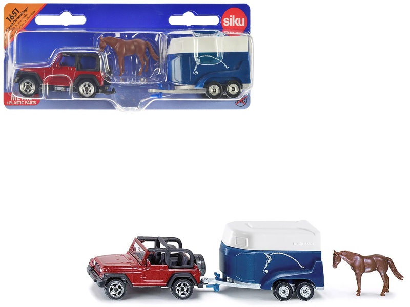 Siku Jeep Red with Horse Trailer Blue and Horse Accessory Diecast Model