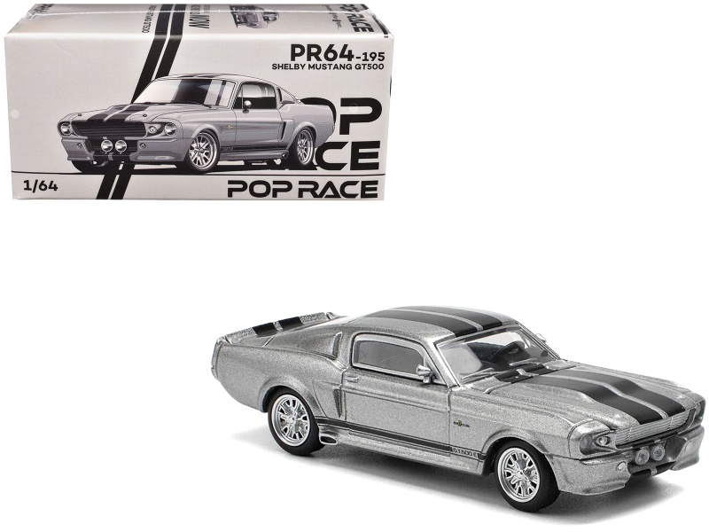 Shelby Mustang Gt500 Gray Metallic With Black Stripes 1/64 Diecast Model Car By Pop Race