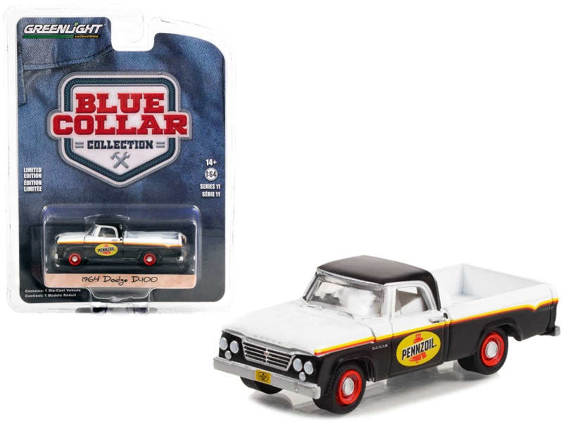 1964 Dodge D-100 Pickup Truck White And Black With Stripes "Pennzoil" "Blue Collar Collection" Series 11 1/64 Diecast Model Car By Greenlight