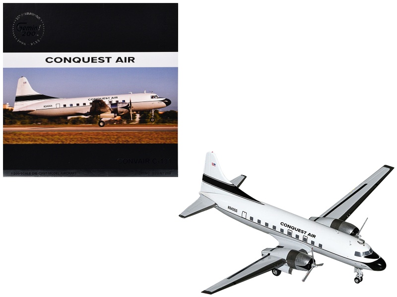 Convair C-131 Commercial Aircraft "Conquest Air Cargo" (N342gs) White With Black Tail Stripes "Gemini 200" Series 1/200 Diecast Model Airplane By Geminijets