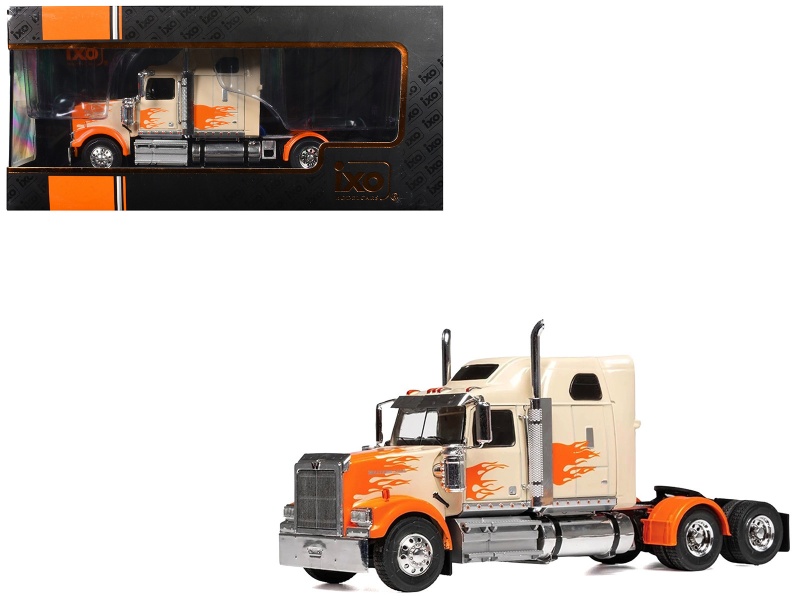 2000 Western Star 4900 Truck Tractor Cream With Orange Flames 1/43 Diecast Model Car By Ixo Models