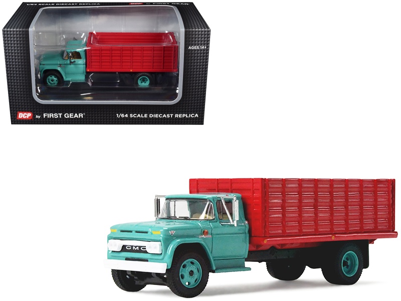 Gmc 4000 Grain Truck Turquoise With Red Container 1/64 Diecast Model By Dcp/First Gear