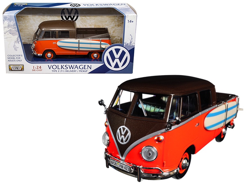 Volkswagen Type 2 (T1) Pickup With Surfboard Brown And Orange 1/24 Diecast Model Car By Motormax