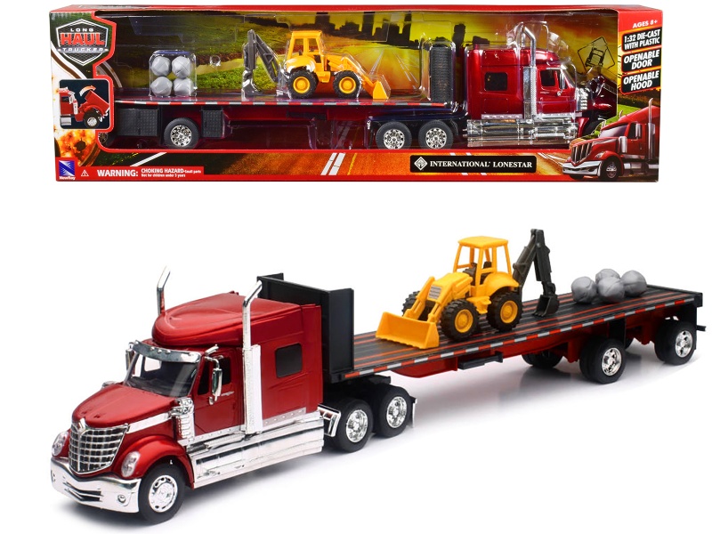 International Lonestar Truck with Flatbed Trailer Red Metallic Diecast Model