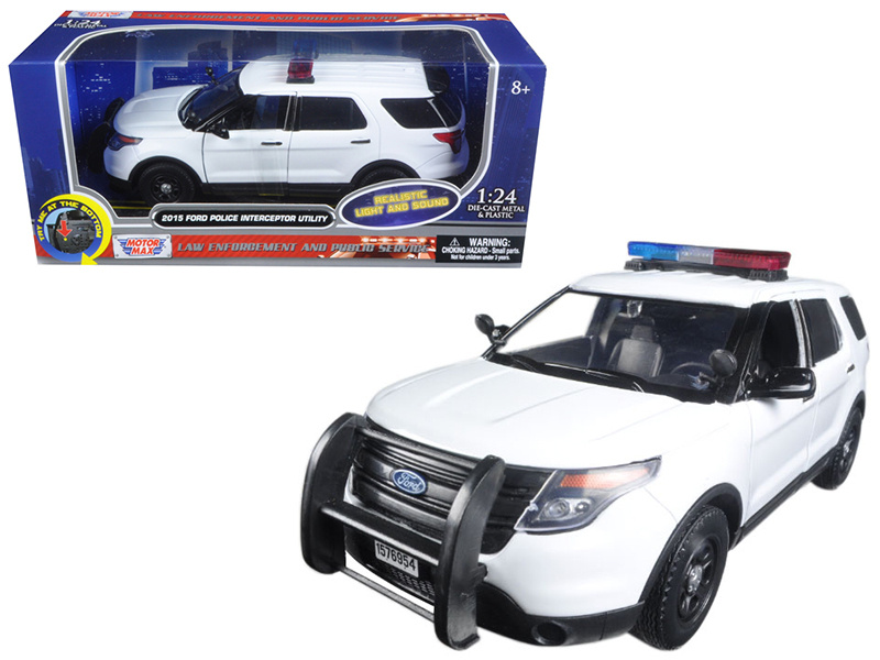 2015 Ford Police Interceptor Utility White With Flashing Light Bar And Front And Rear Lights And 2 Sounds 1/24 Diecast Model Car By Motormax