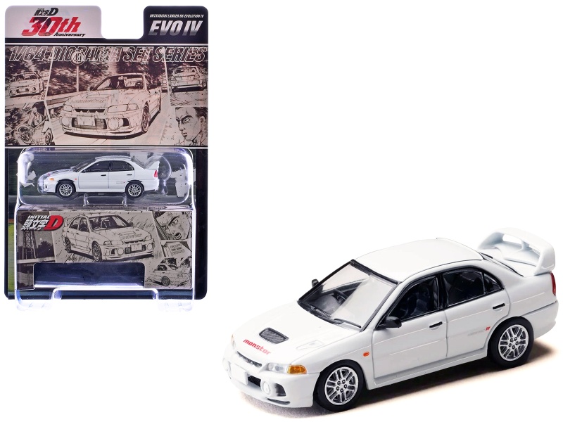 Mitsubishi Lancer Rs Evolution Iv Rhd (Right Hand Drive) "Monstar" White "Initial D" (1995-2013) Manga "Diorama Set Series" 1/64 Diecast Model Car By Hobby Japan