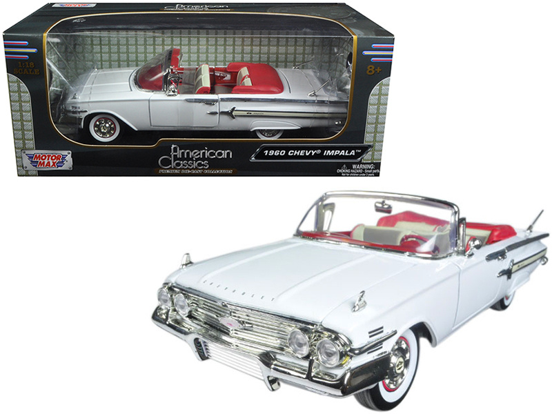 1960 Chevrolet Impala Convertible White With Red Interior 1/18 Diecast Model Car By Motormax