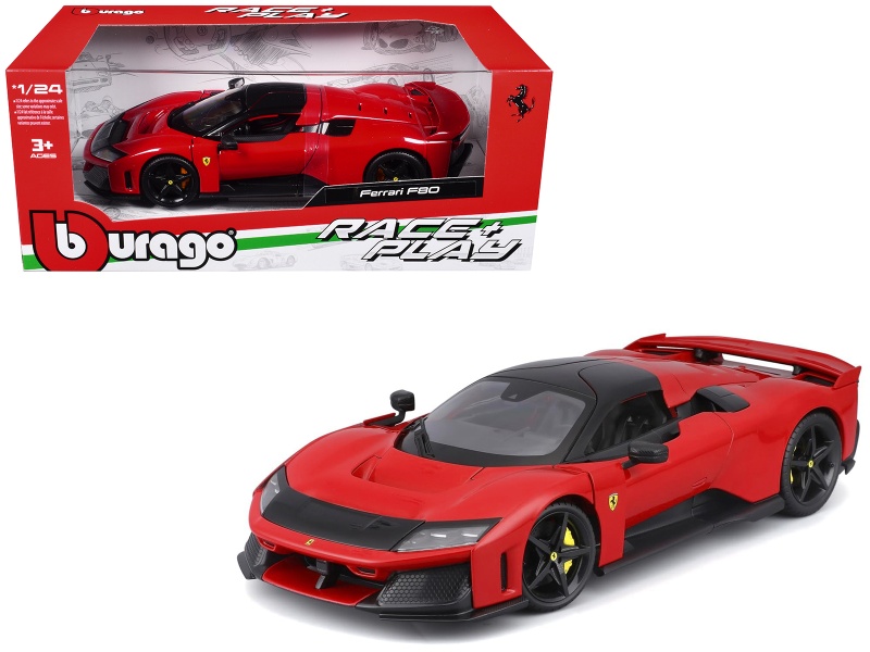 Ferrari F80 Red With Black Top "Race + Play" Series 1/24 Diecast Model Car By Bburago