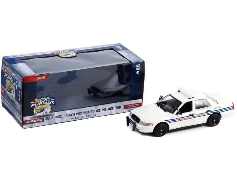 2008 Ford Crown Victoria Police Interceptor White With Blue Stripes "Detroit Police" (Michigan) "Hot Pursuit" Series 1/24 Diecast Model Car By Greenlight