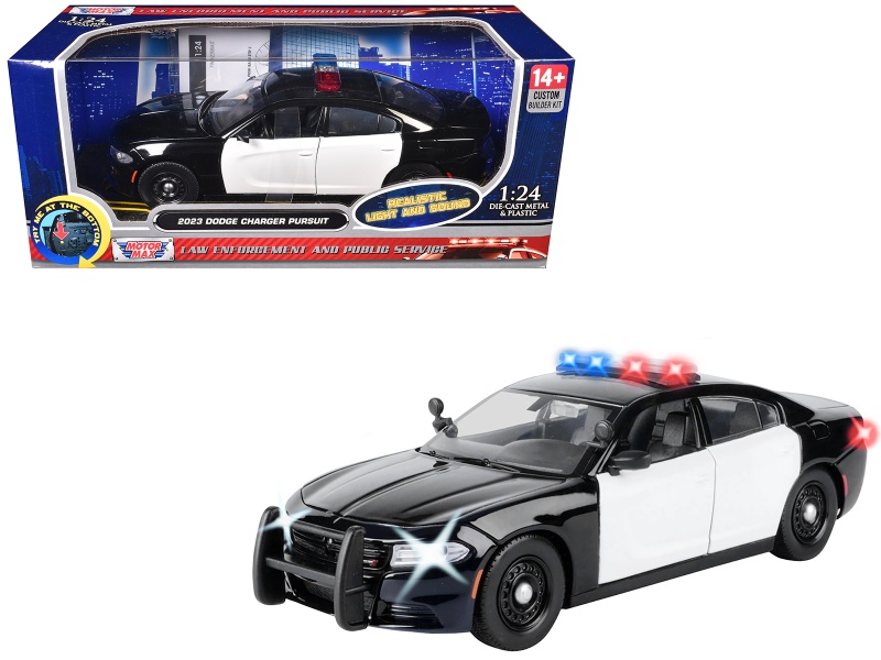 2023 Dodge Charger Pursuit Police Car Black And White With Flashing Light Bar Front And Rear Lights And 2 Sounds "Builder's Kit" 1/24 Diecast Model Car By Motormax