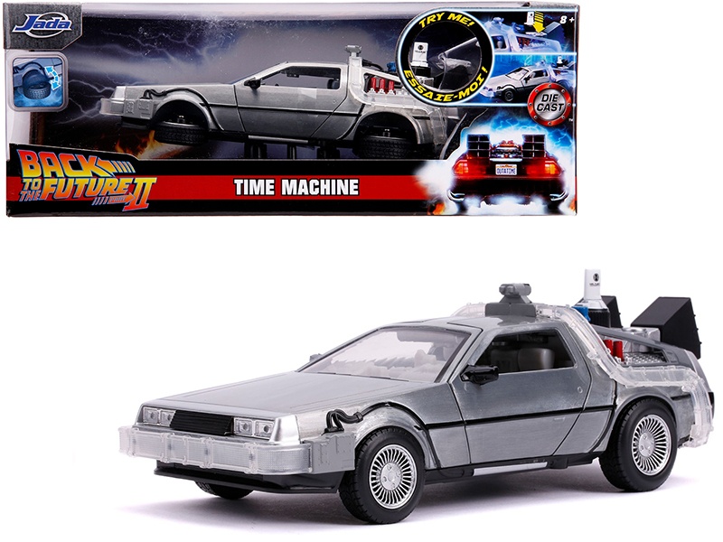 Delorean Brushed Metal Time Machine With Lights (Flying Version) "Back To The Future Part Ii" (1989) Movie "Hollywood Rides" Series 1/24 Diecast Model Car By Jada