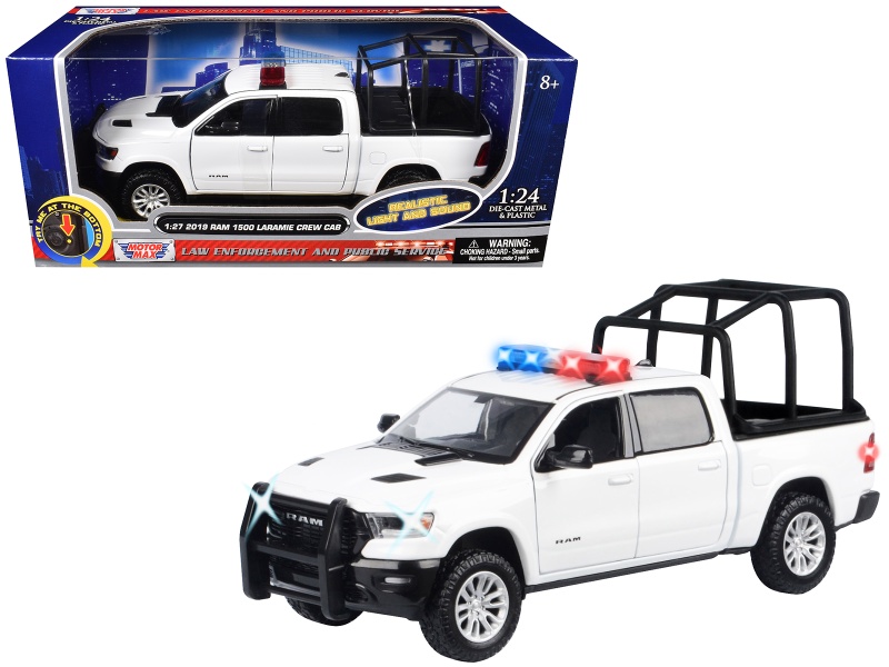 2019 Ram 1500 Laramie Crew Cab Pickup Truck With Bed Cage White With Flashing Light Bar And Front And Rear Lights And Sounds 1/24-1/27 Diecast Model Car By Motormax