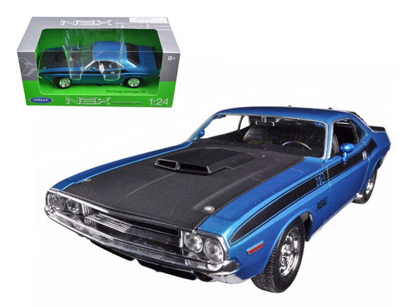 1970 Dodge Challenger T/A Blue Metallic With Black Hood And Black Stripes "Nex Models" 1/24-1/27 Diecast Model Car By Welly
