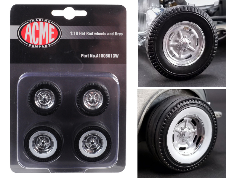 Chrome Salt Flat Wheel And Tire Set Of 4 Pieces From "1932 Ford 5 Window Hot Rod" 1/18 By Acme 1/18 By Acme