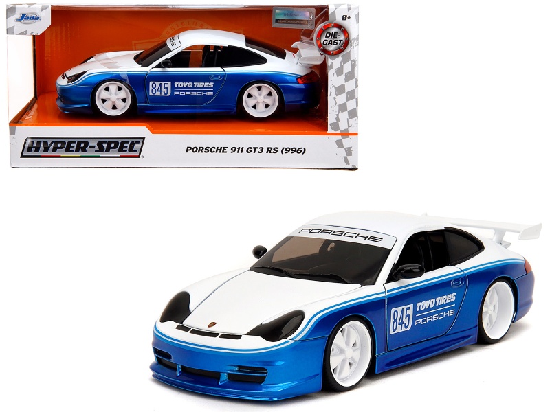 Porsche 911 GT3 RS (996) #845 White and Blue Metallic Diecast Model Car by Jada
