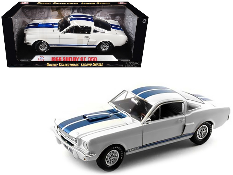 1966 Ford Mustang Shelby Gt350 White With Blue Stripes 1/18 Diecast Model Car By Shelby Collectibles