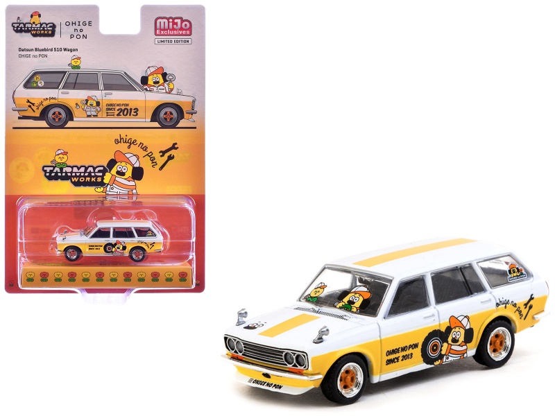 Datsun Bluebird 510 Wagon “Ohige No Pon” White with Orange Stripes and Graphics, Global64 Series 1/64 Diecast Model