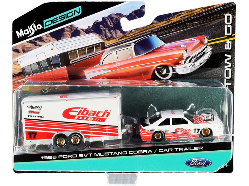 1993 Ford Svt Mustang Cobra #17 With Enclosed Car Trailer "Eibach" White With Red Stripes "Tow & Go" Series 1/64 Diecast Model Cars By Maisto