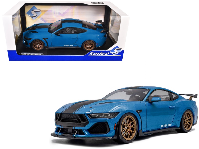 2024 Ford Shelby Mustang Super Snake Grabber Blue Metallic With Black Stripes 1/18 Diecast Model Car By Solido