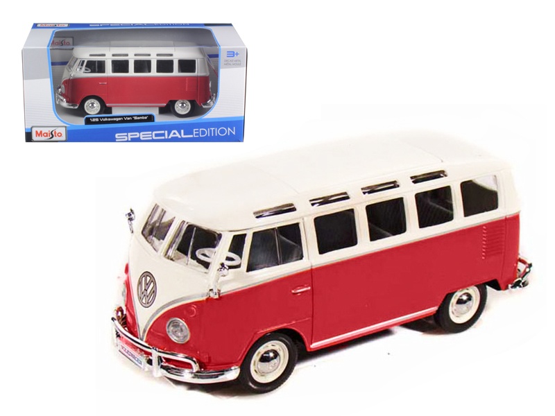 Volkswagen Van Samba Bus Red And White 1/25 Diecast Model By Maisto