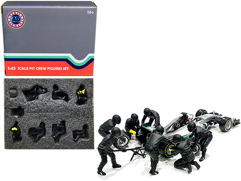 Formula One F1 Pit Crew 7 Figurine Set Team Black Release Ii For 1/43 Scale Models By American Diorama