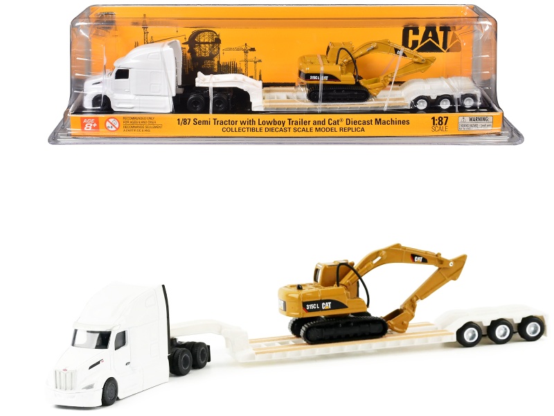 Peterbilt 579 Tractor White With Lowboy Trailer And Cat 315C Excavator Yellow 1/87 (Ho) Diecast Model By Diecast Masters
