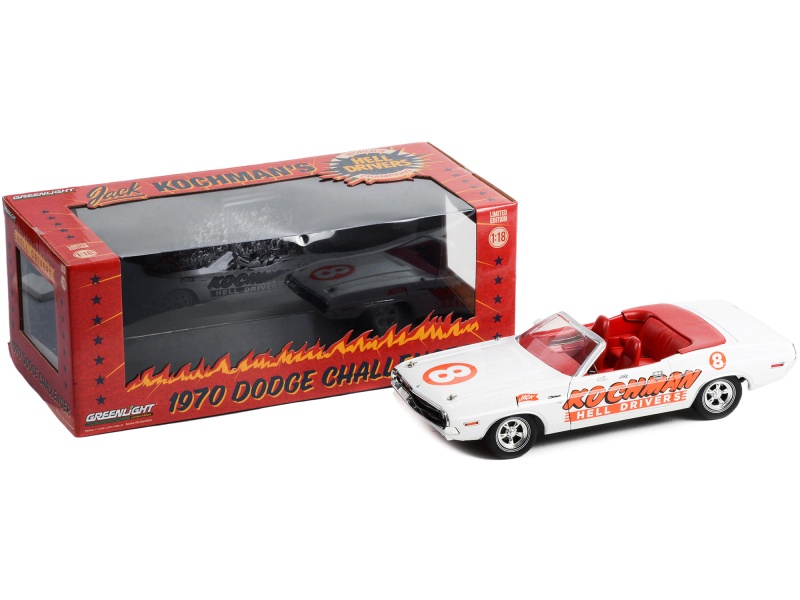 1970 Dodge Challenger Convertible #8 White With Red Interior "Kochman Hell Drivers" 1/18 Diecast Model Car By Greenlight