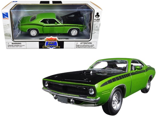 1970 Plymouth Barracuda Green with Black Hood and Stripes Diecast Model Car - New Ray 1/25 Scale