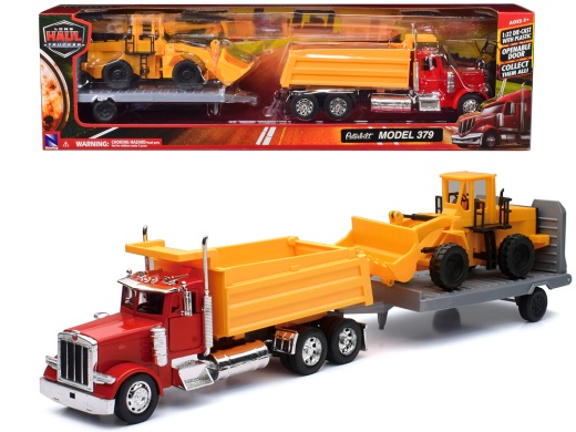 Peterbilt 379 Dump Truck Red And Wheel Loader Yellow With Flatbed Trailer 1/32 Diecast Model By New Ray
