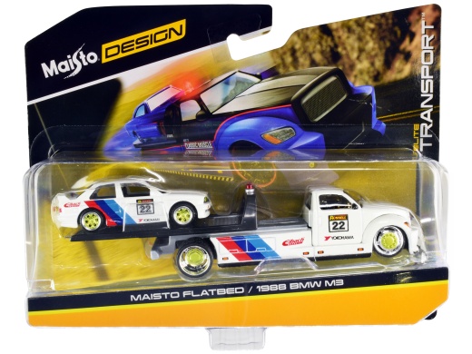 Muscle Machines Flatbed Truck #22 White With Stripes And 1988 Bmw M3 E30 Diecast Models