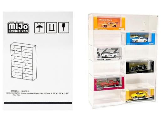 Showcase 12 Car Display Case Wall Mount with Clear Back Panel and Extra Space 'Mijo Exclusives' for 1/64 Scale Models