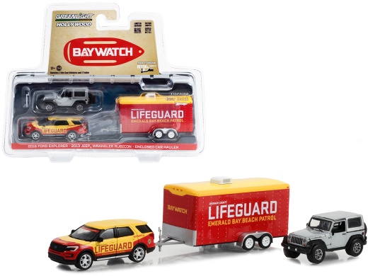 2016 Ford Explorer 'Emerald Bay Beach Patrol Lifeguard' Yellow and Red Diecast Model Cars with 2013 Jeep Wrangler Rubicon Gray and Enclosed Car Hauler 'Baywatch'