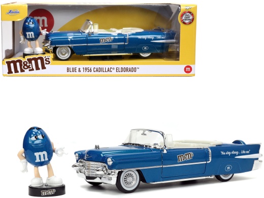 1956 Cadillac Eldorado Convertible Blue Metallic with Cream Interior 'Stay Classy' and Blue M&M Diecast Figure 'M&M's' 'Hollywood Rides' Series 1/24 Diecast Model Car by Jada