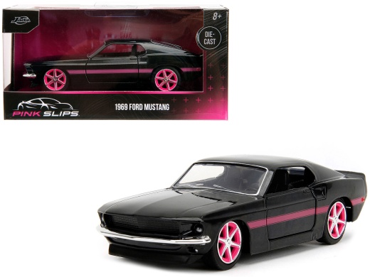 1969 Ford Mustang Black Metallic with Pink Stripes and Wheels 'Pink Slips' Series 1/32 Diecast Model Car by Jada