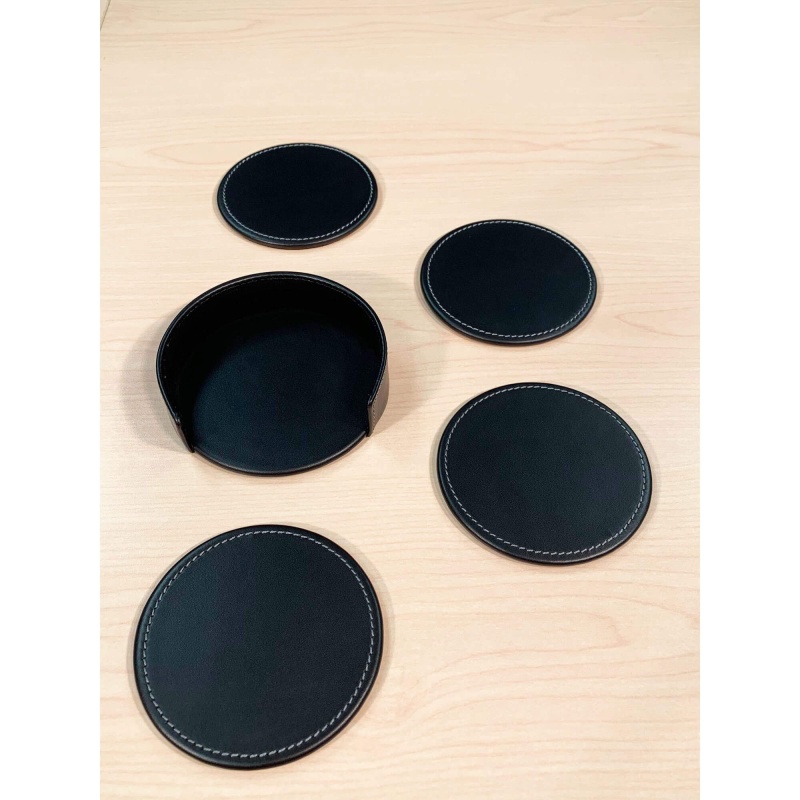 Onyx (Rustic) Black Leather 4 Round Coaster Set W/ Holder