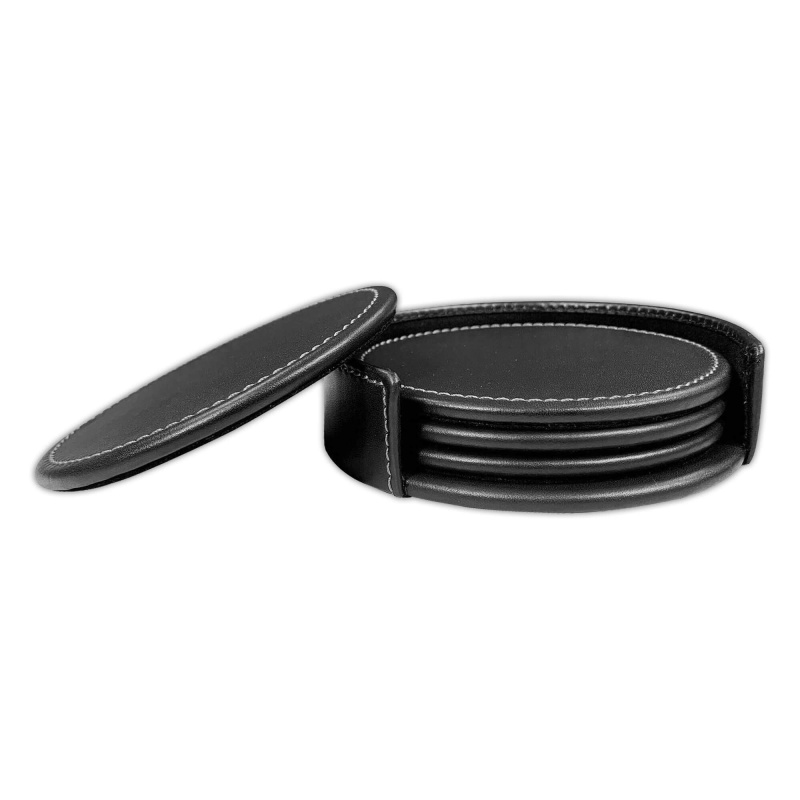 Rustic Black Leather Coaster Set With Holder