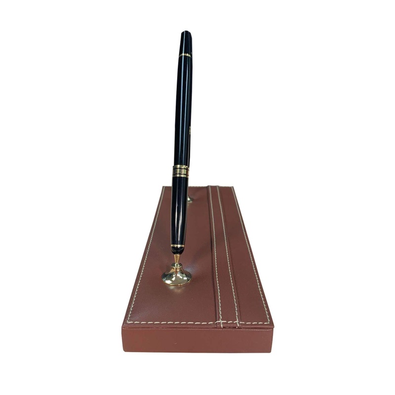 Sienna Brown Leather Pen Stand With Gold Accents