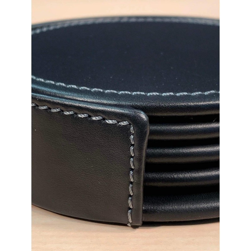 Onyx (Rustic) Black Leather 4 Round Coaster Set W/ Holder