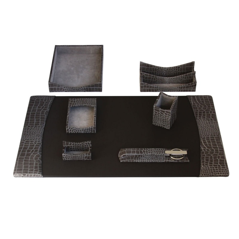 Protacini Castlerock Gray Italian Crocodile Leather Desk Set, 7Pc