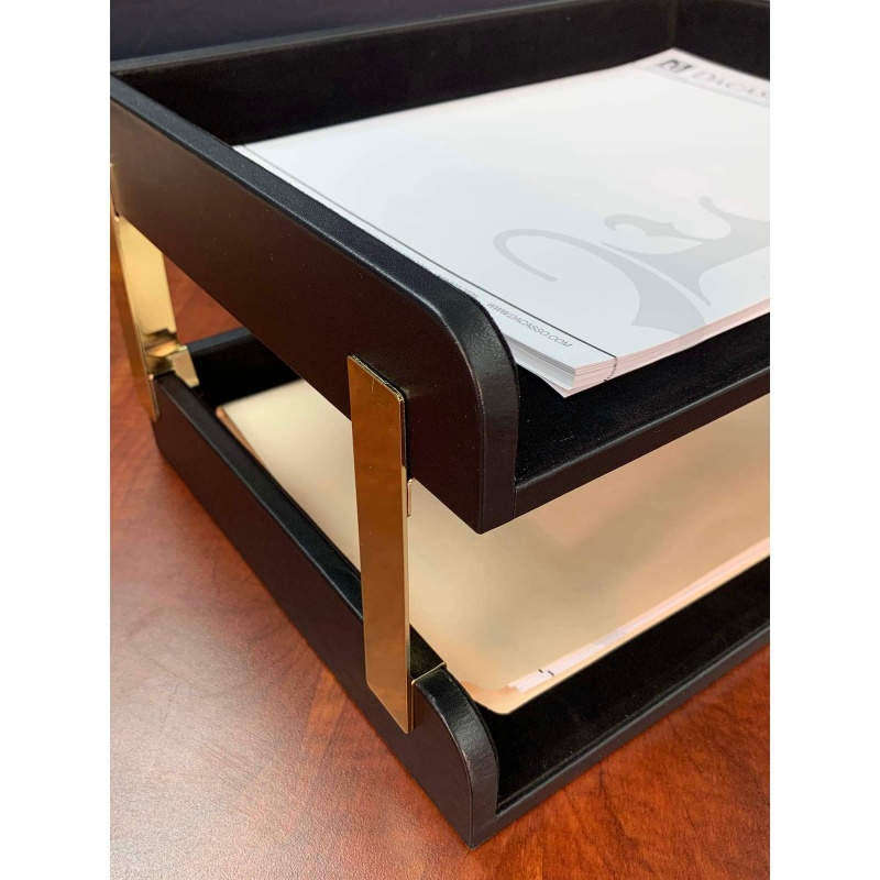 Classic Black Leather Double Side-Load Letter Trays With Gold Posts