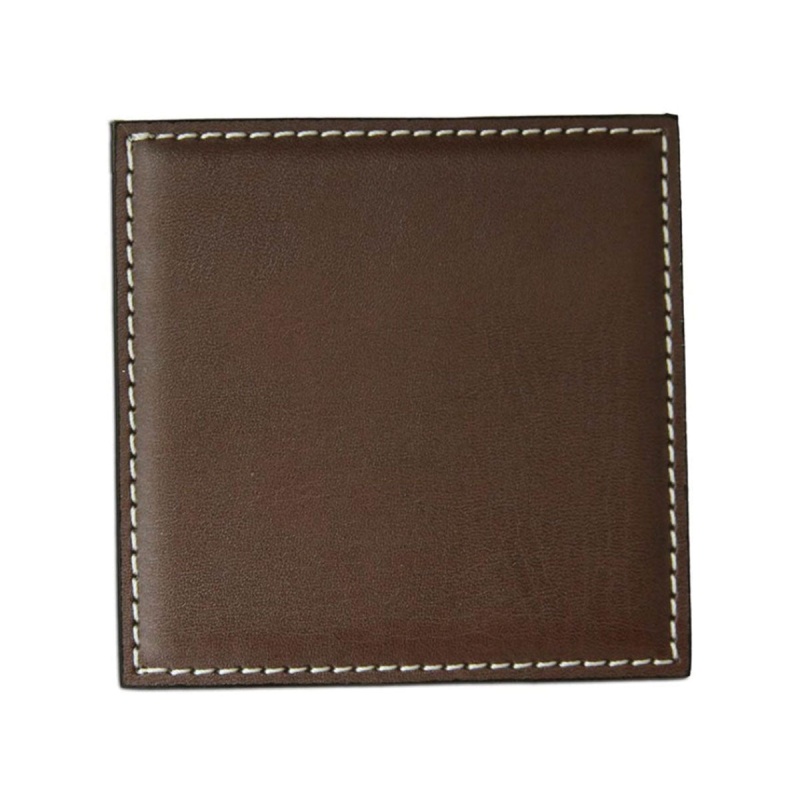 Brown Leatherette Low Profile Square Coaster W/ White Stitching