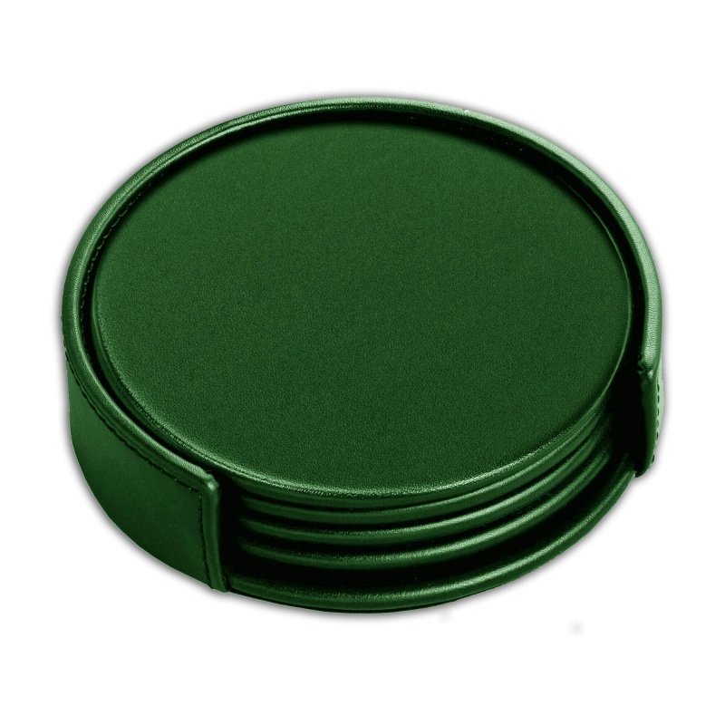 Dark Green Leather Round Coaster Set