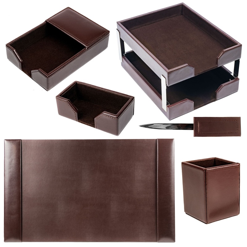 Dark Brown Bonded Leather 8-Piece Desk Set