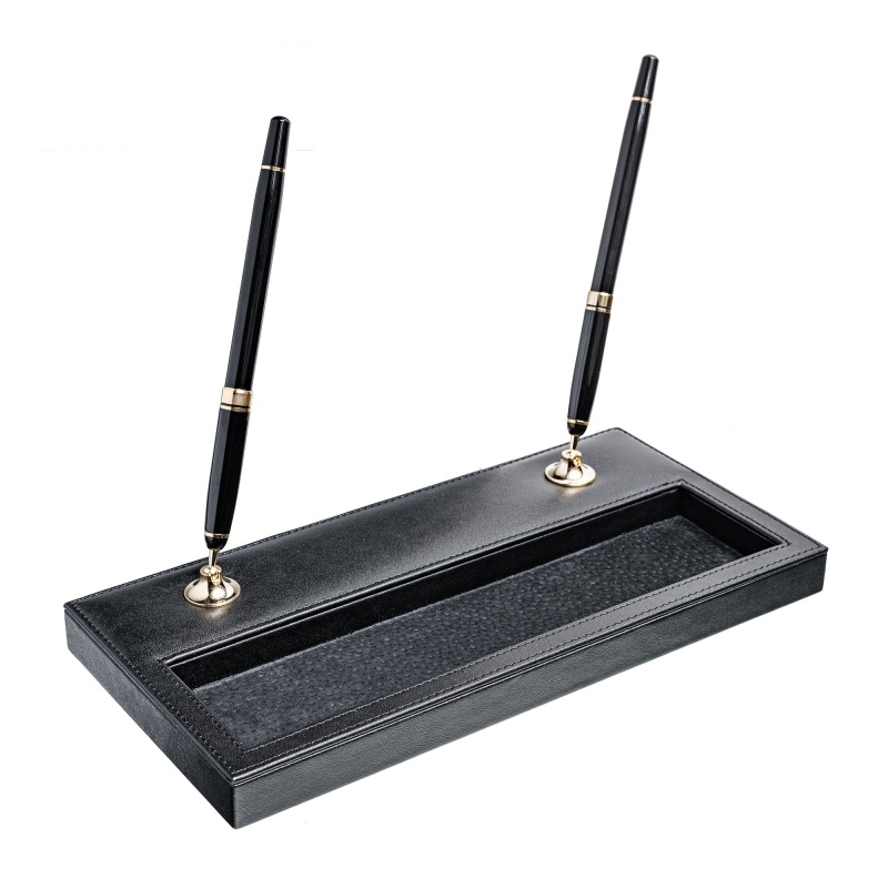 Classic Black Leather Double Pen Stand With Gold Accents