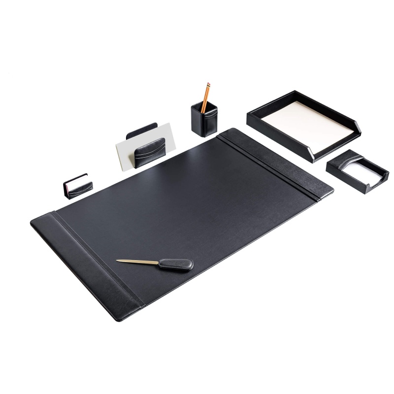 Black Leather 7-Piece Desk Set, Gold Accent