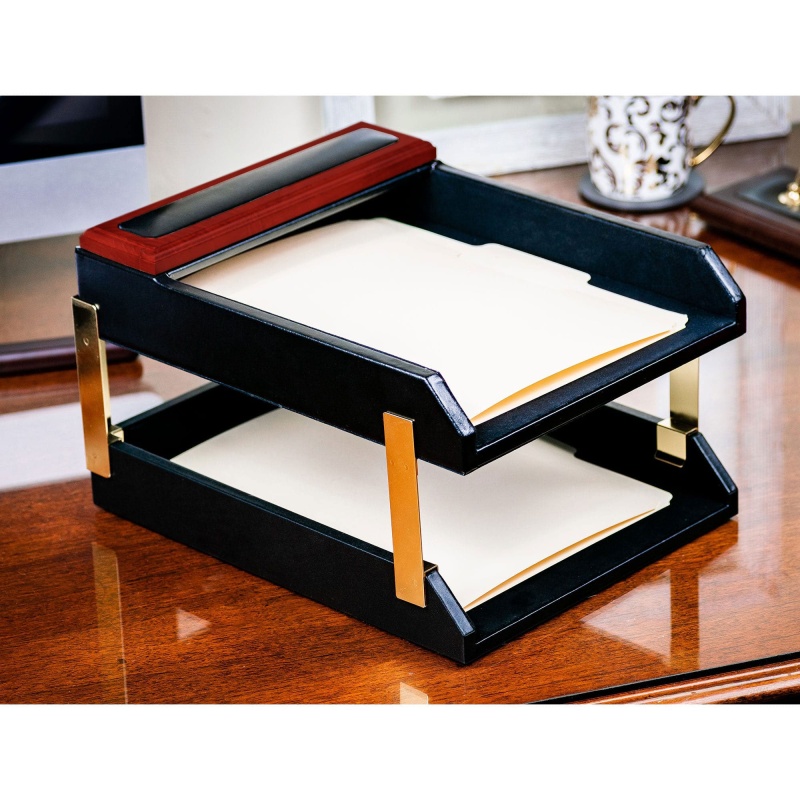 Mahogany (Rosewood) & Black Leather Double Letter Tray Stacking Set