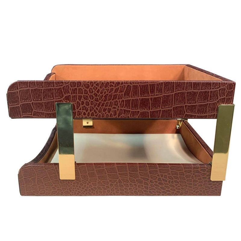 Brown Crocodile Embossed Leather Double Letter Trays