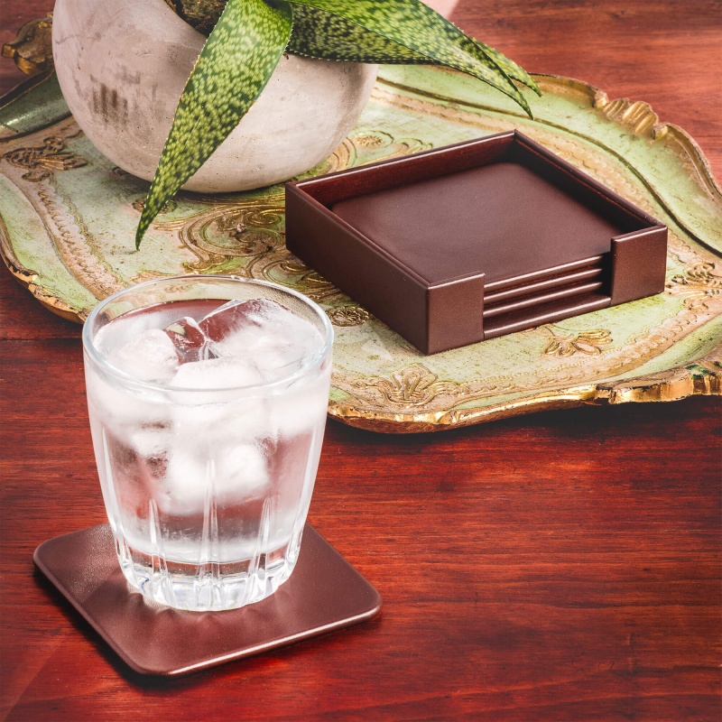 Chocolate Brown Leather 4 Square Coaster Set W/ Holder