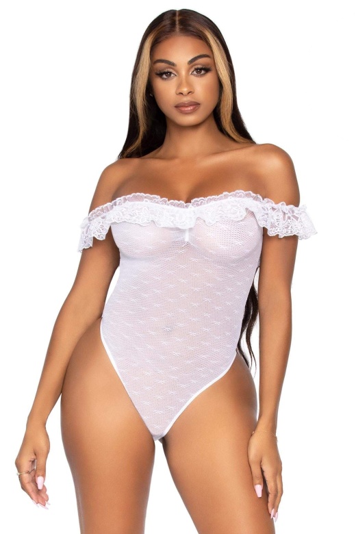 Lace Ruffle Teddy Bodysuit - One Size / White by Donna Di Capri